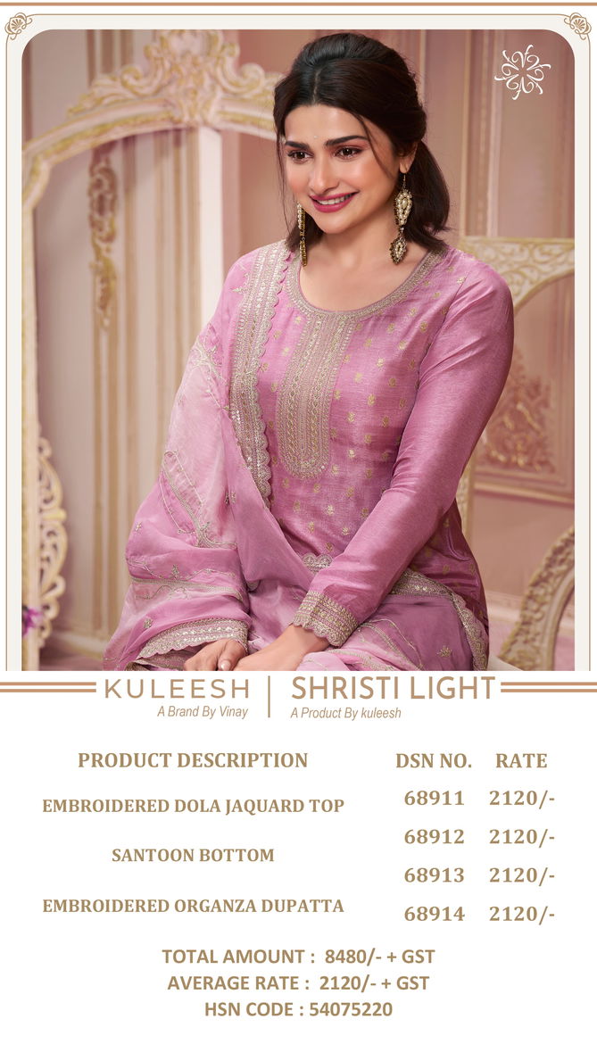 Shristi Light By Vinay Kuleesh Embroidered Dola Jacquard Salwar Kameez Suppliers In India
